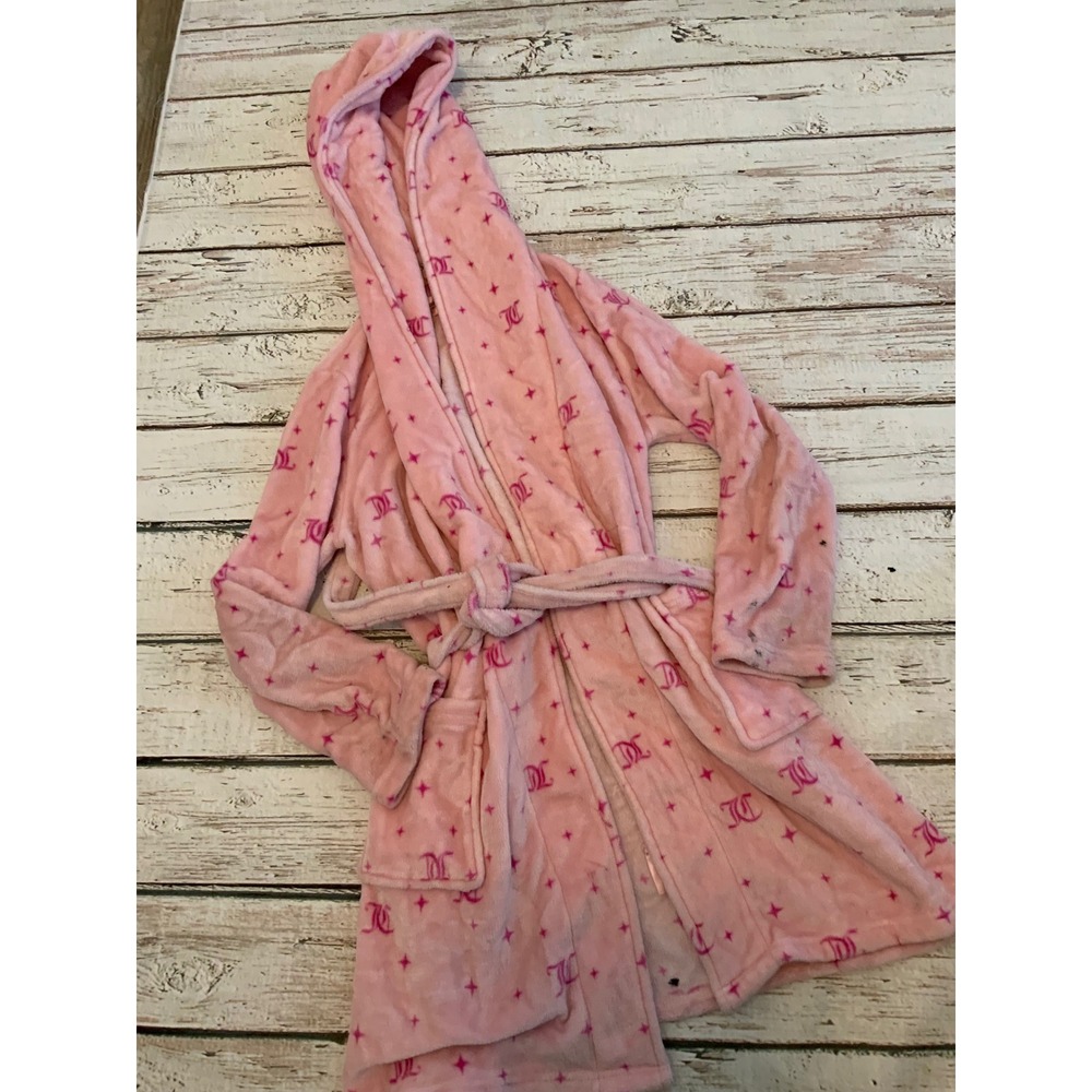 Juicy Couture Pink Monogram Star Print Hooded Plush Robe S/M Fleece Loungewear